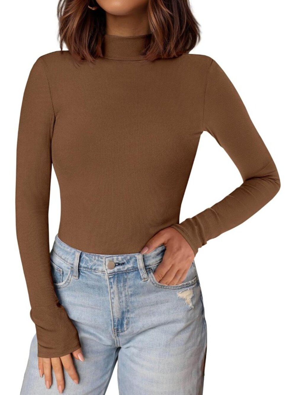 Women's Coffee Ribbed Knit Mock Turtleneck Long Sleeve Undershirts Slim Fit Top